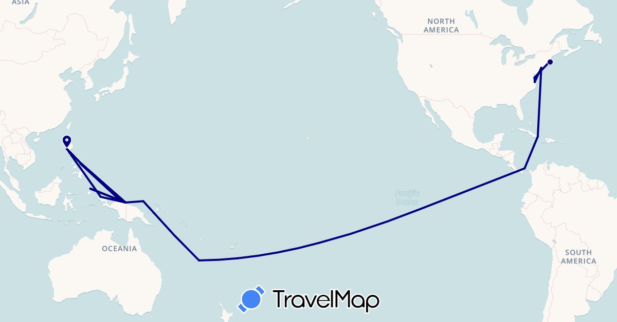 TravelMap itinerary: driving in Cuba, France, Indonesia, New Caledonia, Panama, Papua New Guinea, Philippines, United States (Asia, Europe, North America, Oceania)